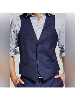 Bar III Men's Blue Plaid Slim Wool Blend Suit Vest - NWT
